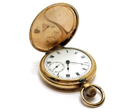 Elgin gold plated hunter manual wind pocket watch - 5cm diameter &amp; running - chip and losses to dial at 5 o'clock and has