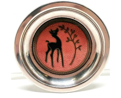 Art Deco style small dish (7cm) with inset enamel baby deer with Opal Gi marks on reverse and hand marked Sweden