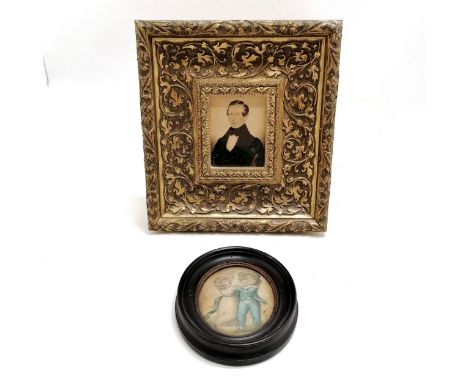 Antique portrait miniature of a gentleman in later frame (frame 21cm x 23cm) t/w hand painted study of 2 quarrelsome children