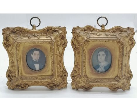Pair of Antique framed portrait miniature portraits of a man and a woman with ringlets 12cm x 12cm 