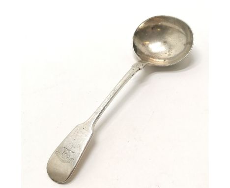 1911 silver ladle by John Round &amp; Son Ltd with unusual engraved crest on handle (A broken terrestrial globe surmounted by