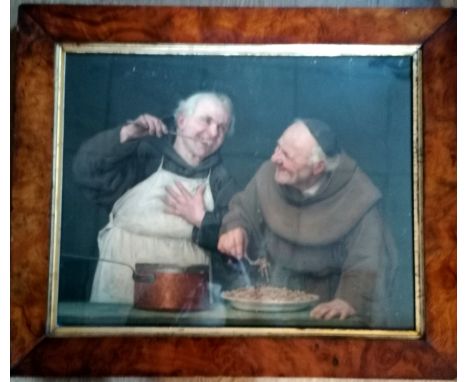 Walnut framed pears style print of two monks enjoying a meal after John T Bowen (1801-56) ~ 69 cms wide, 58 cms high. 