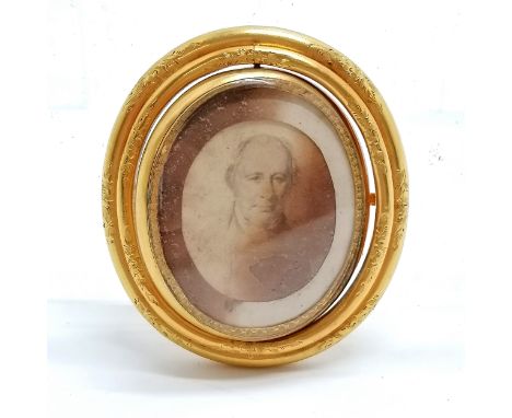 Antique large gilt metal portrait brooch with swivel function - 6cm drop &amp; small chip to glass on reverse otherwise in go