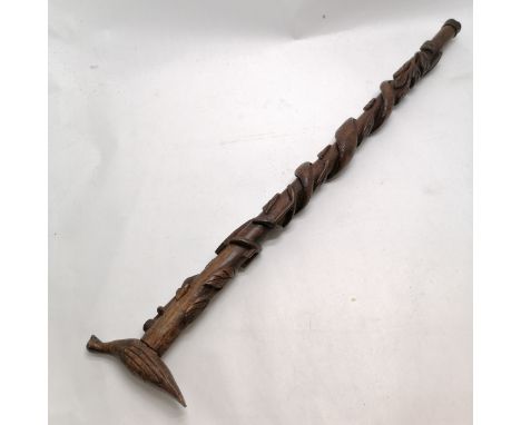 Folk art carved wooden walking stick with anchor, snake &amp; vine leaf decoration and a bird shaped handle - 83cm long and h