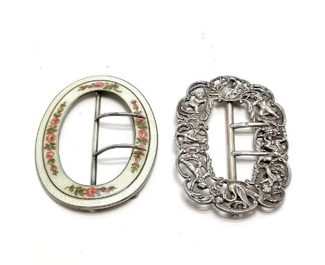 Antique silver ornate buckle by Hayes Brothers (8.5cm x 5.5cm) t/w antique silver guilloche enamel buckle by W E Patterson &a