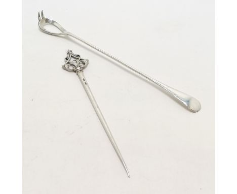 1936 silver pickle fork / scoop by A.C.B.Ltd t/w 1895 silver skewer by James Dixon &amp; Sons Ltd (18.5cm &amp; has some dist