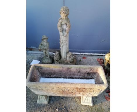 Rectangular planter on sledge feet - 74cm wide 40cm high 24cm deep t/w figure of a fawn playing pipes (86cm)