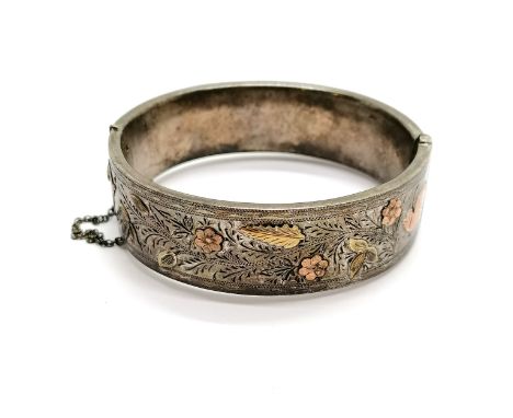 Antique engraved silver bangle with unmarked gold detail by Henry Griffith &amp; Sons Ltd - 28g total weight ~ hinge slightly