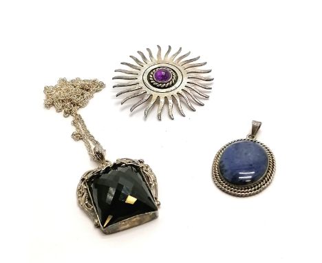 Silver Mayan Art sun pendant set with amethyst (6cm diameter), Mayan Art blue stone silver pendant &amp; large facetted black