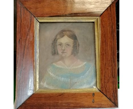 Antique framed pastel portrait miniature of a girl in a blue dress 15cm x 17.5cm 