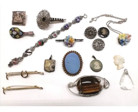 Qty of misc jewellery inc antique, tigers eye hand made pendant, enamel shield bracelet - some a/f 