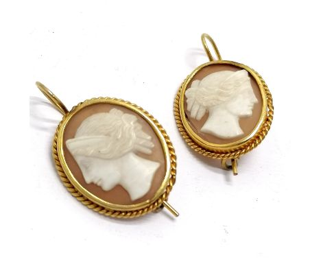 Antique pair of unmarked yellow metal antique hand carved cameo portrait earrings with unusual hinged brooch style wires - 3c