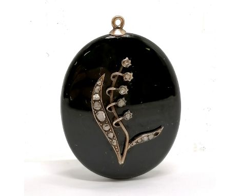 Antique unmarked gold mounted portrait pendant with diamond set flower detail in an onyx panel - 5cm drop ~ missing 1 diamond
