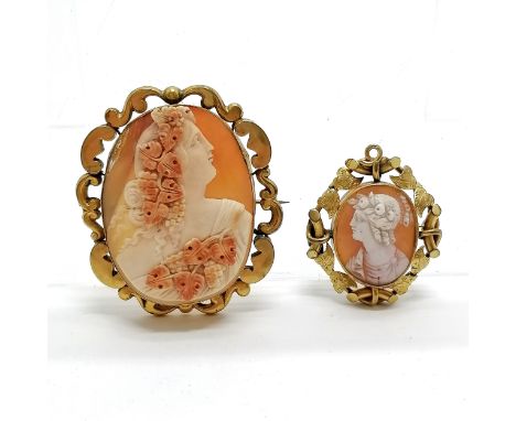2 x antique hand carved cameo portrait brooches in gilt mounts - largest 6.5cm but has old repair to a crack otherwise both i
