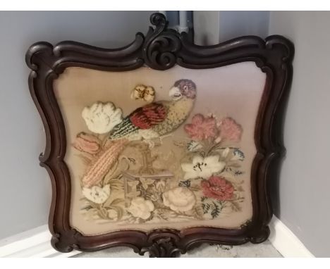 Mahogany carved framed tapestry &amp; stump work picture of a parrot + flowers - 70cm x 59.5cm 