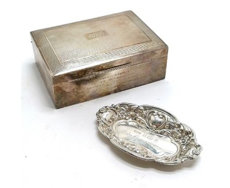 Silver engine turned decorated cigarette box with wooden liner (&amp; loaded base) t/w embossed silver pin tray - total weigh