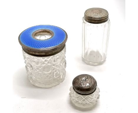 Silver &amp; enamel dressing table jar with hob nail cut glass body (7cm high &amp; no obvious damage) t/w 2 x silver lidded 