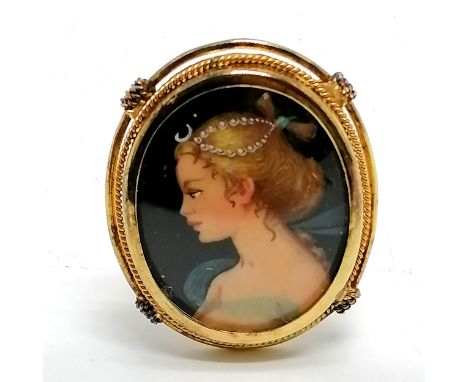 800 silver gilt marked hand painted portrait brooch / pendant- 3cm drop
