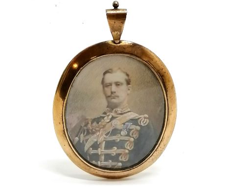 Antique hand painted portrait miniature of an officer from the 4th Hussars Queen's own - 7cm drop ~ the back has had replacem