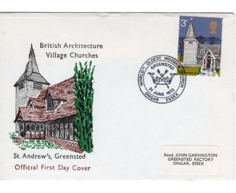 1972 GB RARE British architecture village churches : St Andrew's Greensted (World's oldest wooden church) Ongar FDC 