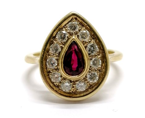18ct hallmarked gold pear shaped ruby &amp; diamond (11) set ring - size M½ &amp; 5g total weight - SOLD ON BEHALF OF THE NEW