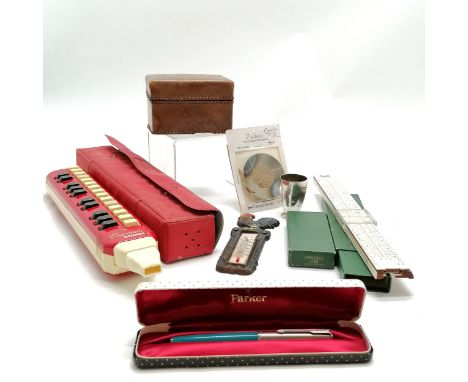 Quantity of miscallanious incl. Homer melodica alto cased, Boxed parker pen, thermometer etc. 