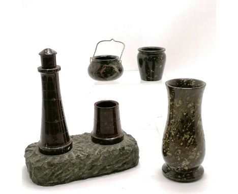 Serpentine vase (14cm), cauldron (small chip to rim), pot &amp; lighthouse desk stand on a granite base (21cm high &amp; miss