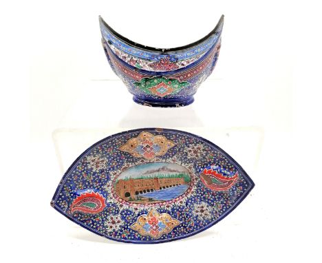Eastern enamel dish and bowl 23cm long x 12cm high. Some losses to the enamel 