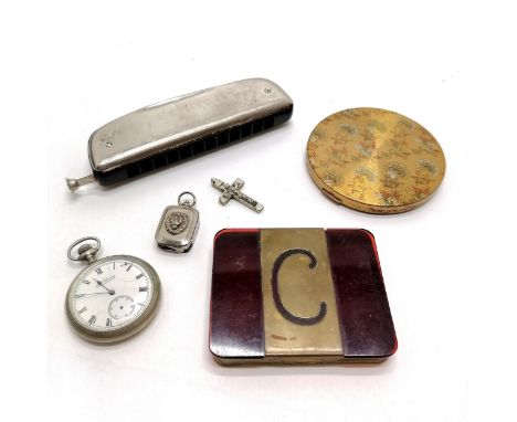 Art Deco brass and plastics box - 9.5cm x 7.5cm, powder compact, Hohner harmonica etc 