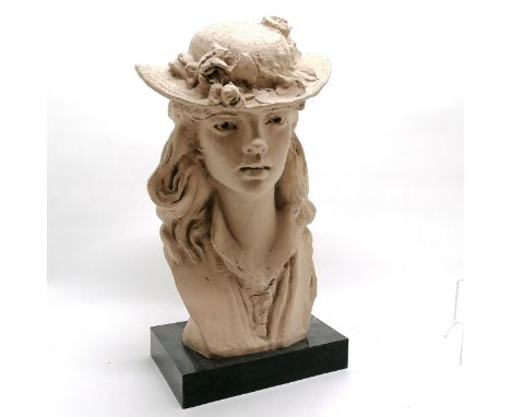 Large scale plaster bust of a lady wearing a hat signed Austin productions~ 54cm high x 28cm wide 