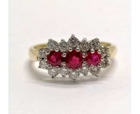 18ct hallmarked gold ruby (3) &amp; diamond (14) triple cluster ring - size L &amp; 3.3g total weight 