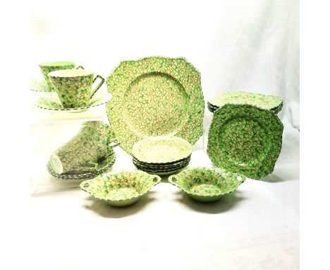 Qty of Royal Winton Grimwades green mottled pattern teaware - sandwich plate 24cm square ~ 1 small dish, fruit bowl have chip