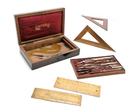 Victorian geometry instruments in a fitted rosewood case named 'Compas Perfectionnes' + extras inc Faber set square &amp; Win