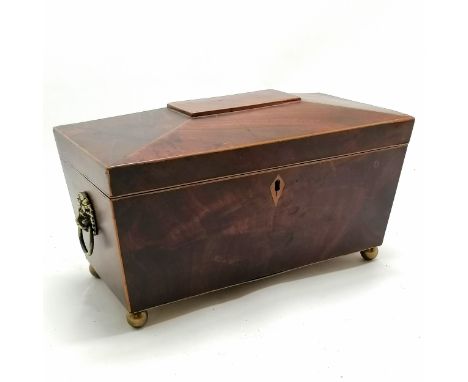 Antique mahogany tea caddy with lion mask handles 31cm long x 18cm high x 15cm deep.  Missing it's mixing bowl otherwise in g