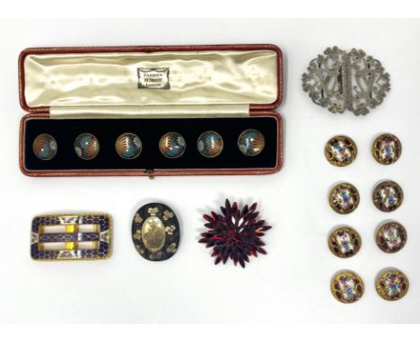□ A GROUP OF BUTTONS AND BUCKLES, 19TH / 20TH CENTURY comprising: a set of six Japanese cloisonné enamel and brass buttons, c
