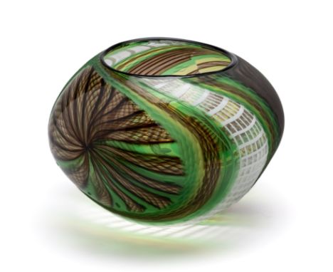 A VENETIAN ART GLASS VASE, MASSIMILANO SCHIAVON, MURANO, 2008 bulbous, white lattice and interlaced green canes in clear and 