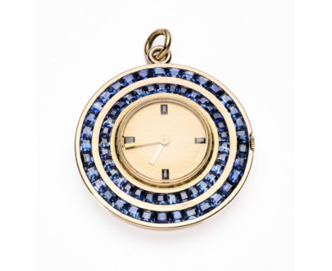 A SAPPHIRE AND GOLD LADY'S FOB WATCH, FRENCH, 1950s the circular gold dial applied with step-cut sapphire indicators to the c