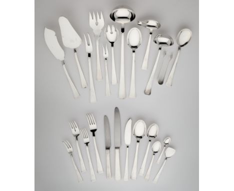 A SET OF ART DECO TABLE SILVER, CZECHOSLOVAKIAN, 1930s tapering handles with bevelled edges, plain, complete for twelve of ea