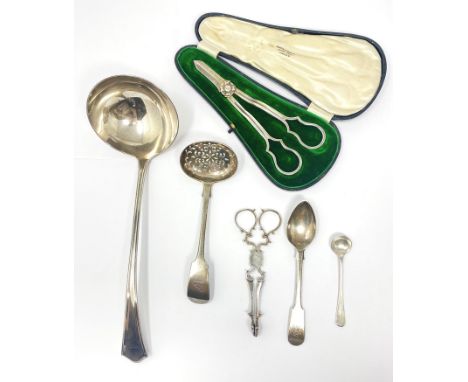 ASSORTED ENGLISH SILVER SERVING PIECES comprising: a George V soup ladle, Warden pattern, plain, Barker Brothers Silver Ltd.,