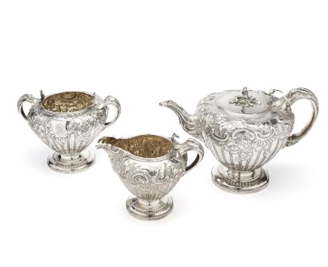 ˜ A VICTORIAN SILVER THREE-PIECE TEA SET, JOHN WILMIN FIGG, LONDON, 1839 vase shaped, chased to the shoulders on a matted gro