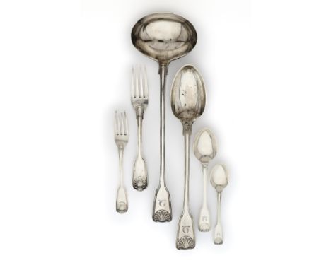A SET OF VICTORIAN TABLE SILVER, G.W. ADAMS FOR CHAWNER &amp; CO., LONDON, 1844 Fiddle, Thread &amp; Shell pattern, engraved 