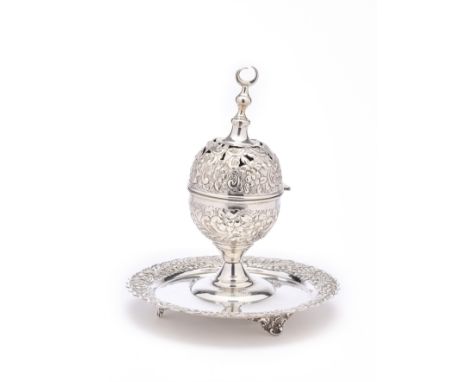 AN OTTOMAN STYLE EGYPTIAN INCENSE BURNER ON STAND, CAIRO, 1980s chased with scroll foliate bands, the almost spherical contai
