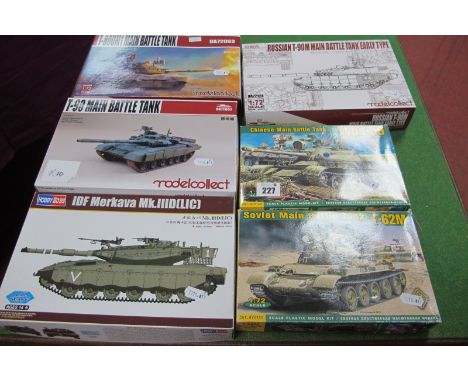 Six 1:72nd Scale Plastic Kits all of Tanks by Modelcollect, Norinco, Hobby Boss, including Russian T90M all boxed, appear uns