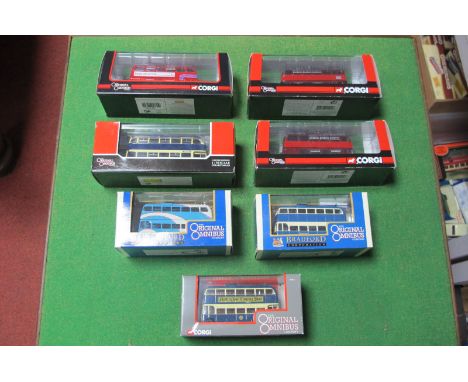 Three Corgi Original Omnibus Double Decker Buses and Four Corgi Original Omnibus Trolley Buses, all cased, Yorkshire Interest