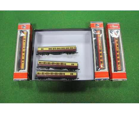 Six 'N' Gauge Eight Wheel Coaches, all BR 'Blood and Custard, including three boxed Lima.