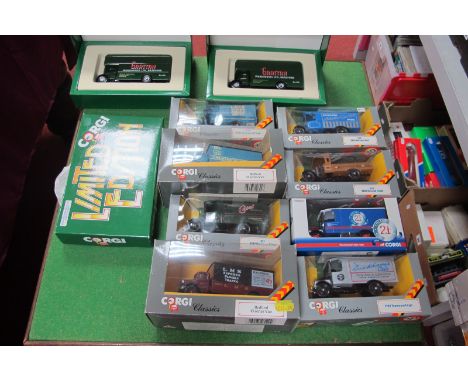 Eleven Corgi Classics Bedford 'O' Series, Thornycroft Vans, including LMS and LNER liveries, all boxed