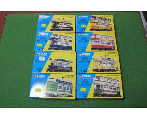 Eight Corgi Classic Trams, all boxed, all different.