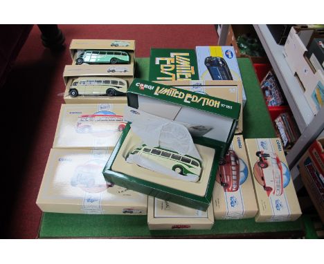 Eleven Corgi Classic 1/2 Cab Buses, including AEC Regal, Leyland Tiger, Daimler 1/2, all boxed.