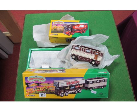 Two Corgi Classics Showmans Range, No 24801 Sillacks Dodgem Truck and Caravan and No 12601 Sillacks Foden Pole Truck, boxed.