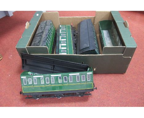 Five 'G' Scale Six Wheel Coaches, finished in green by Bachmann, wheels adjusted to narrow gauge, playworn.